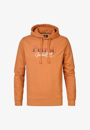 Oranger Kapuzenpullover mit Kordelzug, gerippten Bündchen und einem grafischen Druck mit "Petrol Industries" in unterschiedlichen Farben. Weicher Stoff.