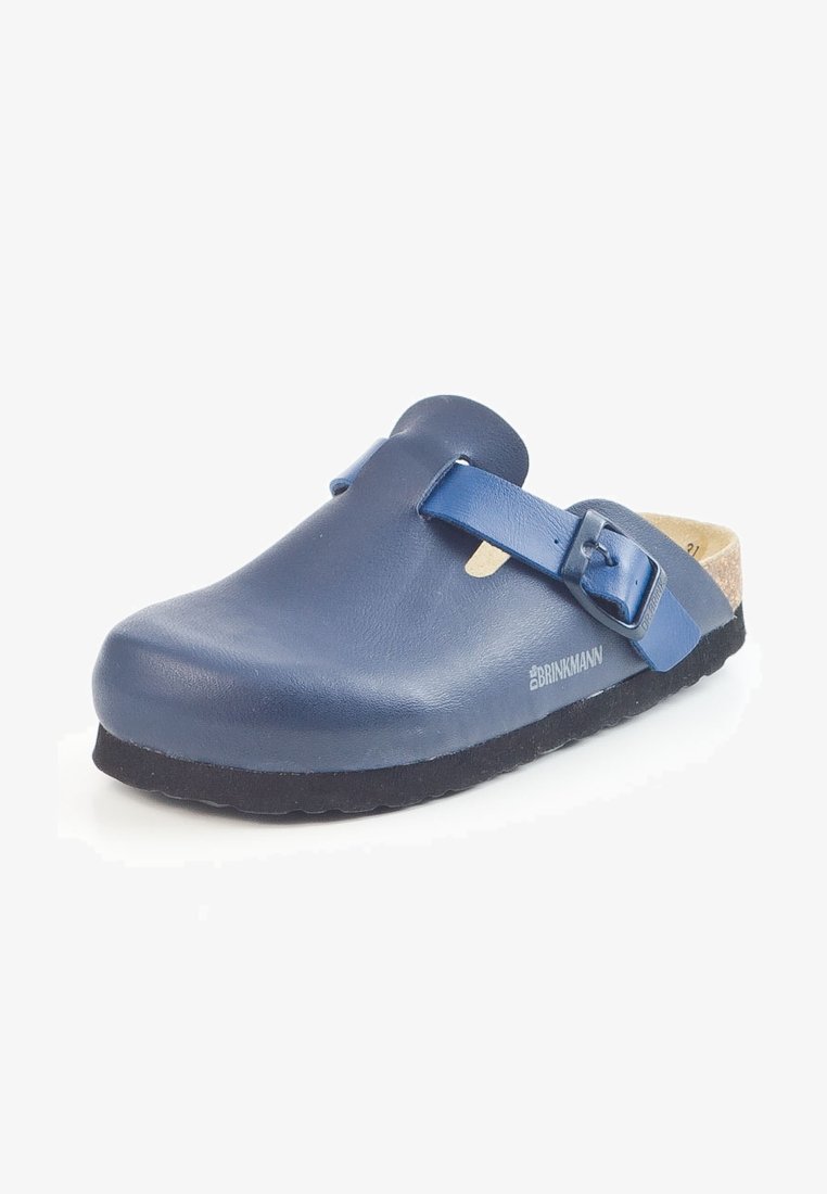 Blue leather clog with a rounded toe, adjustable strap, and cork insole. Textured black rubber outsole with subtle branding detail.