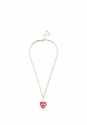 Gold chain necklace with rectangular links and a red heart-shaped pendant featuring concentric white and pink hearts.