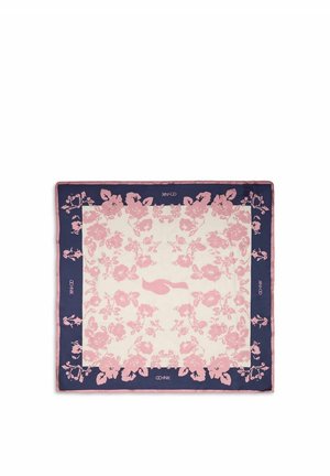 Kwadratowa chusta z różowym kwiatowym wzorem na kremowym środku i granatową obwódką, z nazwą marki po każdej stronie.