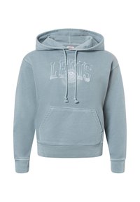Sudadera azul claro con bolsillo canguro en la parte delantera, capucha ajustable con cordón, y el logo "LEVI'S" en blanco en el pecho. Tela suave y texturizada.