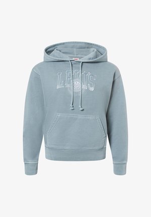 Jasnoniebieska bluza z kapturem z kieszenią typu kangur na przodzie, regulowanym kapturem ze sznurkiem oraz białym logo "LEVI'S" na piersi. Miękki, strukturalny materiał.