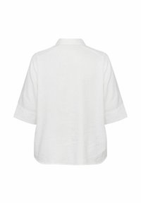 White linen blouse with a collared neckline, short sleeves, and a loose fit. Smooth texture with a back yoke detail.