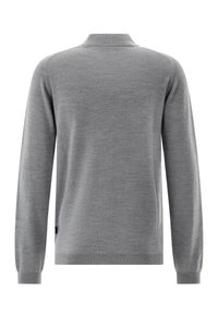 Grauer Strickpullover mit hohem Kragen, langen Ärmeln und gerippten Bündchen. Verfügt über eine glatte Textur und ein minimalistisches Design, ohne sichtbare Muster.