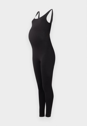 Zwarte zwangerschaps-jumpsuit met spaghettibandjes, getailleerd ontwerp en lange benen, gemaakt van een gladde, rekbare stof.