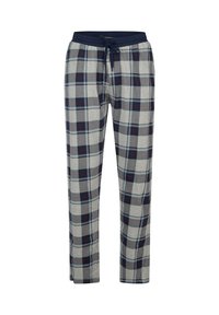 Bawełniane spodnie od piżamy w kratę z kolorami szarym, granatowym i czerwonym; elastyczny pas z regulowanym sznurkiem; prosty krój nogawek.