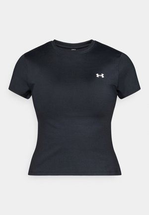 T-shirt atlético preta feita de tecido liso, com decote redondo e mangas curtas. Pequeno logótipo branco na área do peito esquerdo.