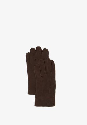 Braune Wildlederhandschuhe mit einer glatten Textur, fünf-Finger-Design und Nähdetails entlang der Finger.
