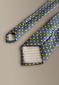 Corbata con patrón azul y amarillo con motivos circulares, que presenta una tela texturizada y un forro interior a rayas. Punta con forma hexagonal.