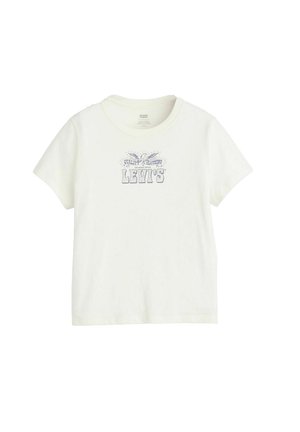 Short-sleeve white cotton t-shirt featuring a blue printed "Levi's" logo with decorative details around it. Classic crew neck design.