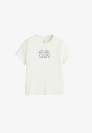 Wit katoenen T-shirt met korte mouwen, voorzien van een blauwe bedrukte "Levi's"-logo met decoratieve details eromheen. Klassiek ronde halsontwerp.