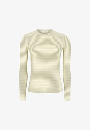 Bema košulja dugih rukava u svijetlozelenoj boji s bijelim horizontalnim prugama, s okruglim izrezom i rebrastom teksturom, dizajnirana za prilagođeni siluet.