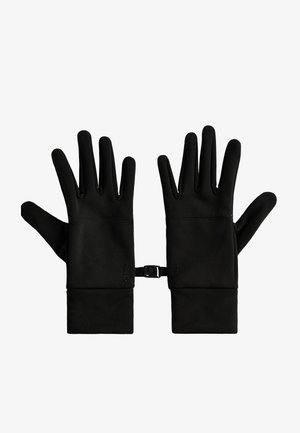 Zwarte handschoenen van glad, rekbaar materiaal met een strakke pasvorm, voorzien van lange manchetten en een riem voor aanpassing bij de pols.