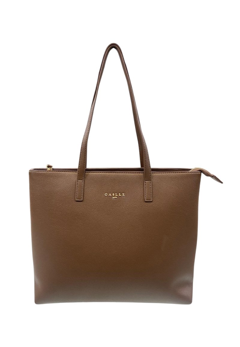 Borsa tote in pelle marrone con due manici, chiusura con zip dorata e logo "GAELLE PARIS" in lettere dorate sul fronte.