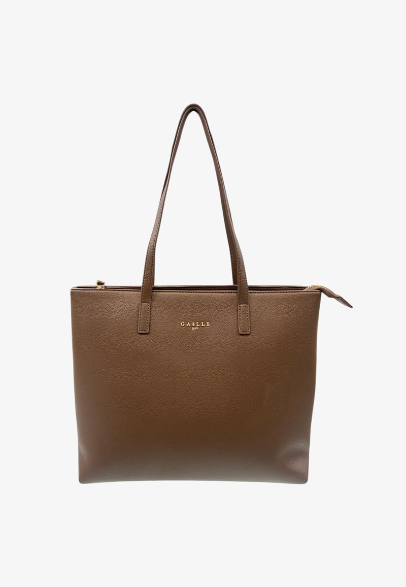 Borsa tote in pelle marrone con due manici, chiusura con zip dorata e logo "GAELLE PARIS" in lettere dorate sul fronte.
