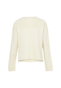 Crème kleurige sweatshirt met een ronde hals, lange mouwen en een cropped zoom. Gemaakt van zachte, gestructureerde stof met subtiele zijdetails.