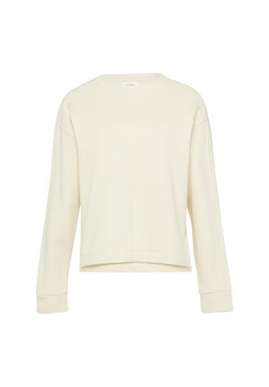 Crème kleurige sweatshirt met een ronde hals, lange mouwen en een cropped zoom. Gemaakt van zachte, gestructureerde stof met subtiele zijdetails.