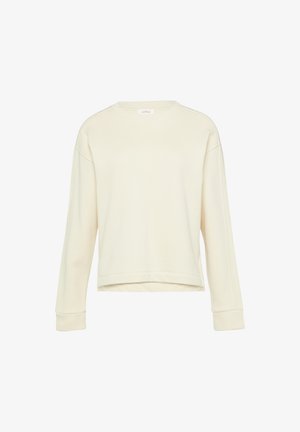 Crème kleurige sweatshirt met een ronde hals, lange mouwen en een cropped zoom. Gemaakt van zachte, gestructureerde stof met subtiele zijdetails.