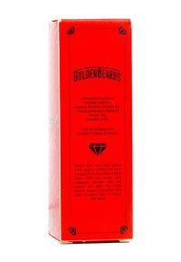Röd papperslåda märkt "GoldenBeards," med en diamantsymbol och produktinformation, inklusive ekologiska oljor och användarinstruktioner.