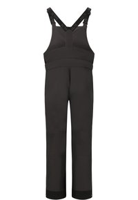 Svarta hängselbyxor tillverkade av hålligt, vattenavvisande tyg. Har justerbara remmar, en åtsittande topp och vida ben med förstärkta mudd.