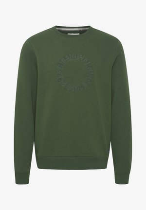 Grønn sweatshirt med rund hals, lange ermer, ribbestrikkede mansjetter og et sirkulært logo designet brodert foran.