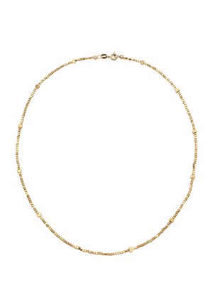 Delikat guldhalskæde med små firkantede og runde perler jævnt fordelt, med lukning med hummerlås.