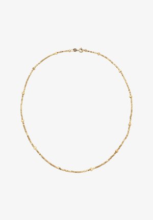 Delikat guldhalskæde med små firkantede og runde perler jævnt fordelt, med lukning med hummerlås.