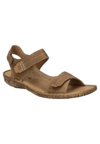 Hnědé kožené sandály s otevřenou špičkou, dvěma nastavitelnými pásky na suchý zip a zdrsněnou gumovou podrážkou. Disponují bílými švy jako akcenty.