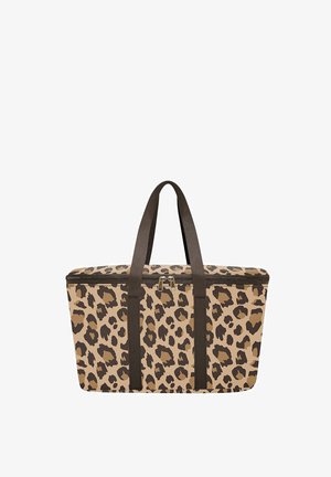 Leopard-print tote bag with a beige and brown pattern, made of fabric, featuring dual brown straps and a zip closure at the top.