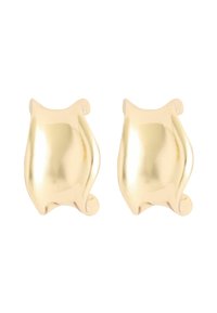 Zelta toņa metāla auskari ar viļņotu, skulpturālu formu un gludu tekstūru. Raksturīgas noapaļotas malas un pievienots aizdares mehānisms drošai nēsāšanai.