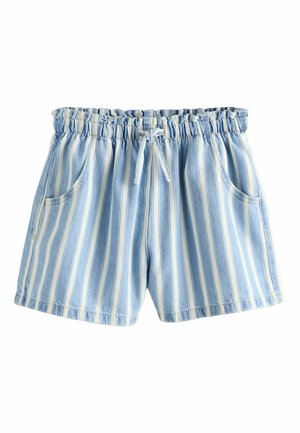 Pantalones cortos casuales a rayas verticales azules y blancas con cintura elástica, bolsillos frontales y cordón ajustable en la cintura.