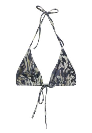 Top bikini a triangolo con stampa astratta animale in nero, bianco e beige, caratterizzato da collo all'americana e chiusura con laccio davanti e dietro.