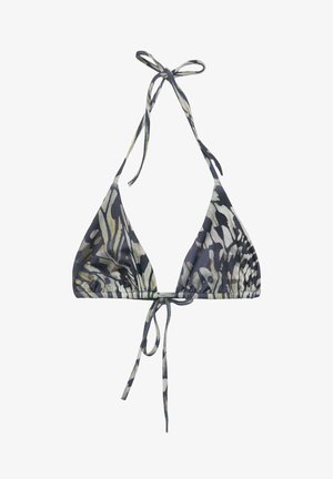 Haut de bikini triangle avec imprimé animal abstrait en noir, blanc et beige, doté d'un col nageur et d'une fermeture à nouer à l'avant et à l'arrière.