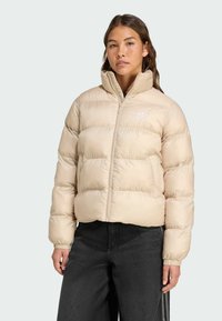 Beige puffer jacket with a high collar, zip front, and elastic cuffs, featuring stitched compartments and a small white logo on the chest.