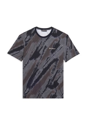 T-shirt à col rond à manches courtes avec un motif abstrait de coups de pinceau noir et gris et un petit logo "FREDDY" sur la poitrine.