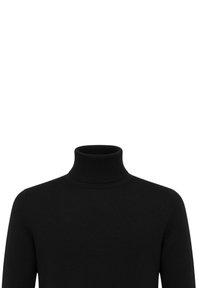 Maglione a collo alto nero in tessuto lavorato a maglia, con design aderente e collo a coste, maniche lunghe e texture liscia.
