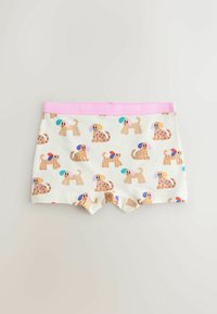 Detské biele šortky s ružovým pásom, s potlačou kreslených psov v rôznych farbách a pózach.