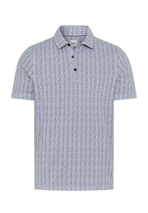 Polo bianca a maniche corte con motivo geometrico blu navy e tre bottoni neri sulla patta.