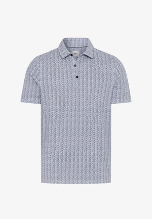 Polo blanc à manches courtes avec un motif géométrique bleu marine et trois boutons noirs sur la patte de boutonnage.