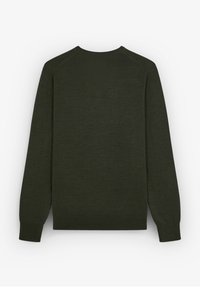 Pulover de culoare verde închis, cu mâneci lungi, un guler rotund și o textură netedă. Design simplu, fără modele sau accente notabile.