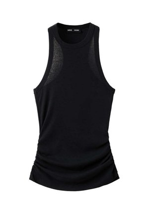 Top nero senza maniche con design racerback e leggero arricciatura laterale, realizzato in tessuto leggero.