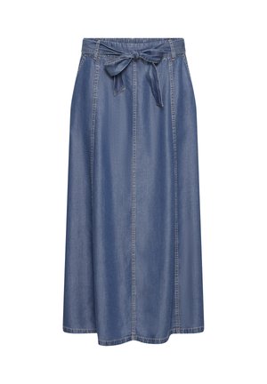 Modro denim midi krilo z navpičnimi šivi in pasom, zavezanimi v lok, s rahlo razširjeno A-linijo silhuete.