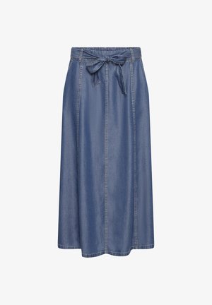 Blauwe denim midirok met verticale naden en een strikceintuur in de taille, met een licht uitlopende A-lijn silhouet.
