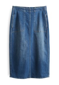 Jupe en denim avec une silhouette droite, présentant un délavage bleu moyen, deux grandes poches avant et des coutures visibles le long des coutures.