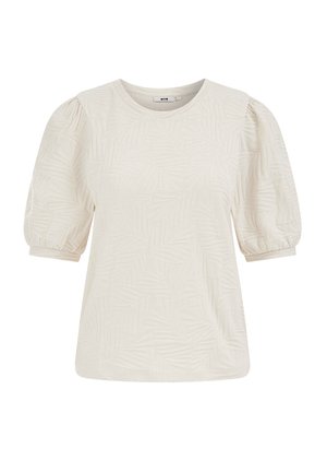 Cremefarbene Kurzarmbluse mit dezentem Blattmuster und aufgestellten Ärmeln, die an den Bündchen gerafft sind, runder Ausschnitt.