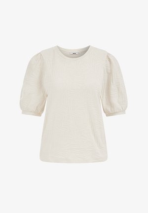 Kremasti bluza kratkih rukava sa suptilnim uzorkom listova i balon rukavima skupljenim na manžetnama, okrugli izrez.