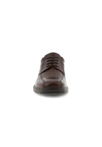 Brown leather lace-up shoe with a smooth finish, rounded toe, and contrasting stitching. Features a rubber sole for grip.