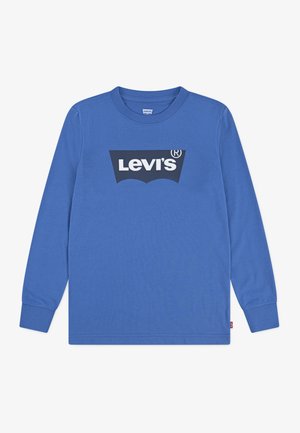 Niebieska koszulka z długim rękawem i okrągłym dekoltem, z czarnym logo Levi's na środku klatki piersiowej oraz ściągaczami na rękawach.