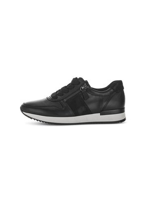 Black low-top sneaker with lace-up front, side zipper, and white sole, shown in profile on a white background.