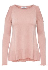 Hellrosa Langarmpullover mit lockerer Passform, geripptem Saum und ausgestelltem Saum. Verfügt über eine glatte Strickstruktur und Raglanärmel.
